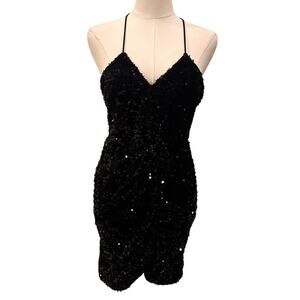 Cefian Black Sequin Mini Dress Size Small Strappy Back Bodycon Party Holiday